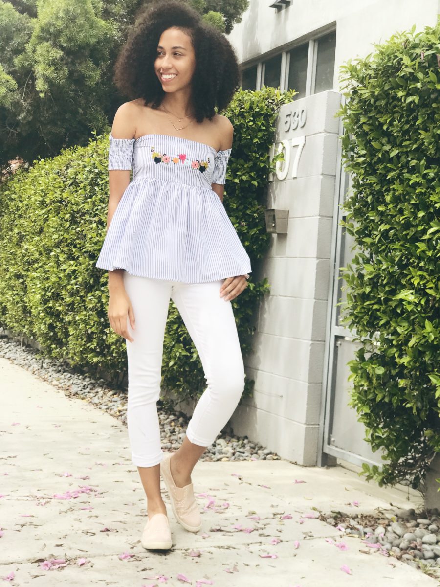 Striped Floral Top with White Pants