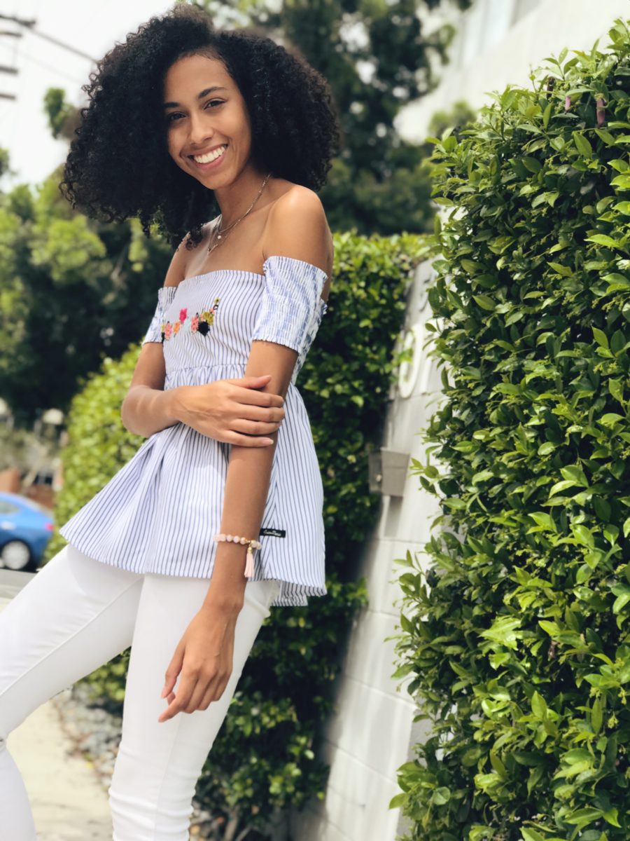 Striped Floral Top with White Pants for Spring