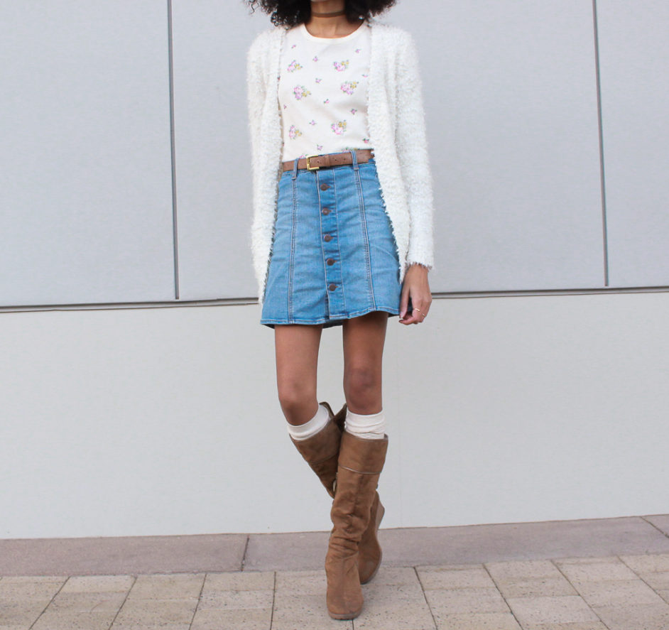 Cardigan & Denim Skirt