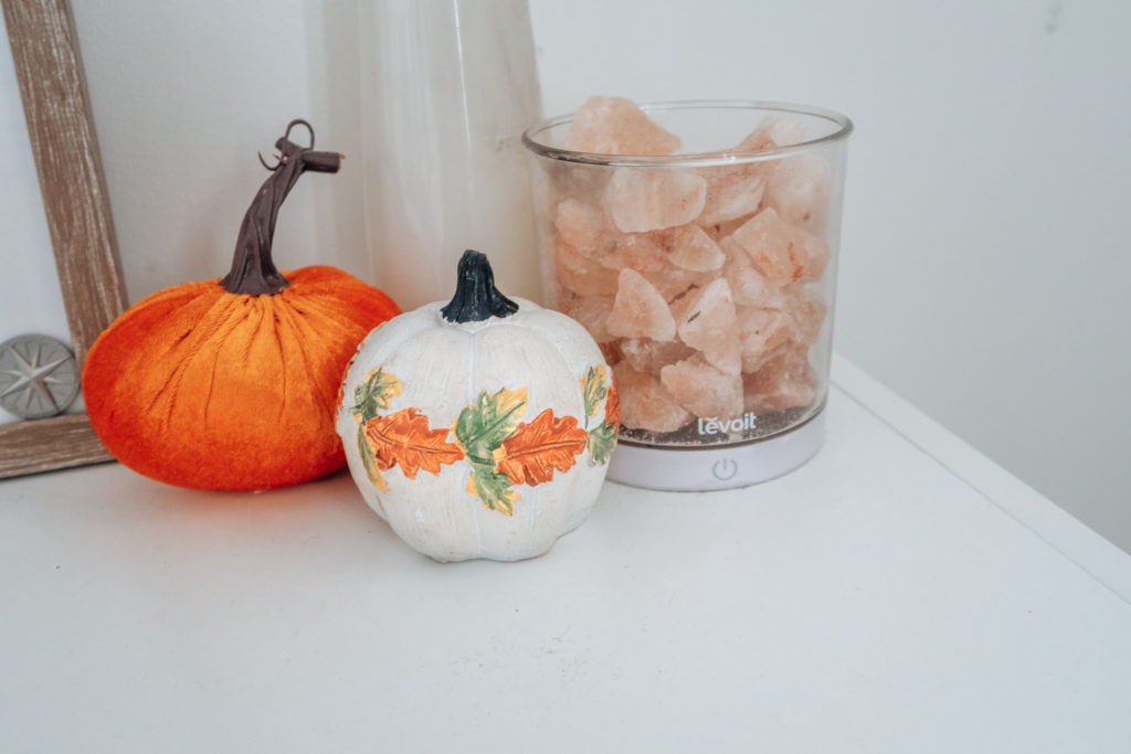 himalayan salt lamp next to thrifted fall decor pumpkins. One orange plush pumpkin and one white ceramic pumpkin with orange and green leaves